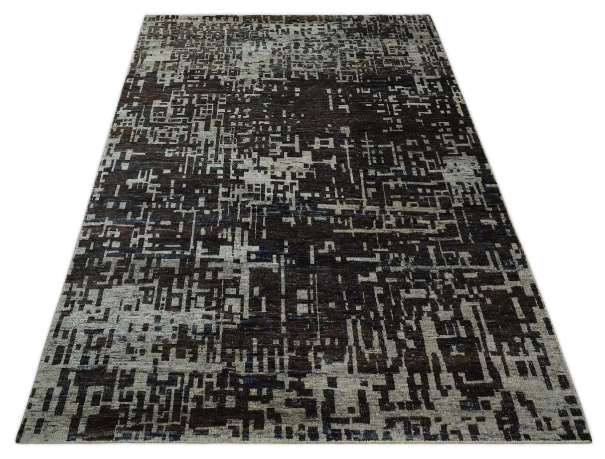 5x8 and 9x12 Hand Knotted Silver, Charcoal and Brown Modern Abstract Recycled Silk Area Rug