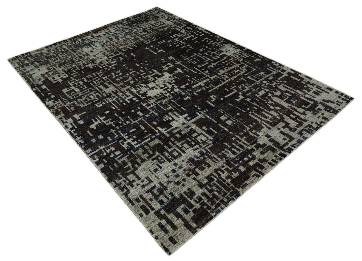 5x8 and 9x12 Hand Knotted Silver, Charcoal and Brown Modern Abstract Recycled Silk Area Rug