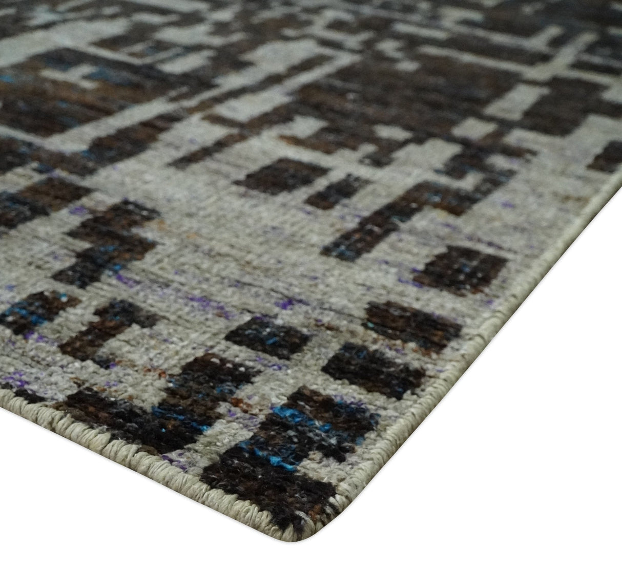 5x8 and 9x12 Hand Knotted Silver, Charcoal and Brown Modern Abstract Recycled Silk Area Rug