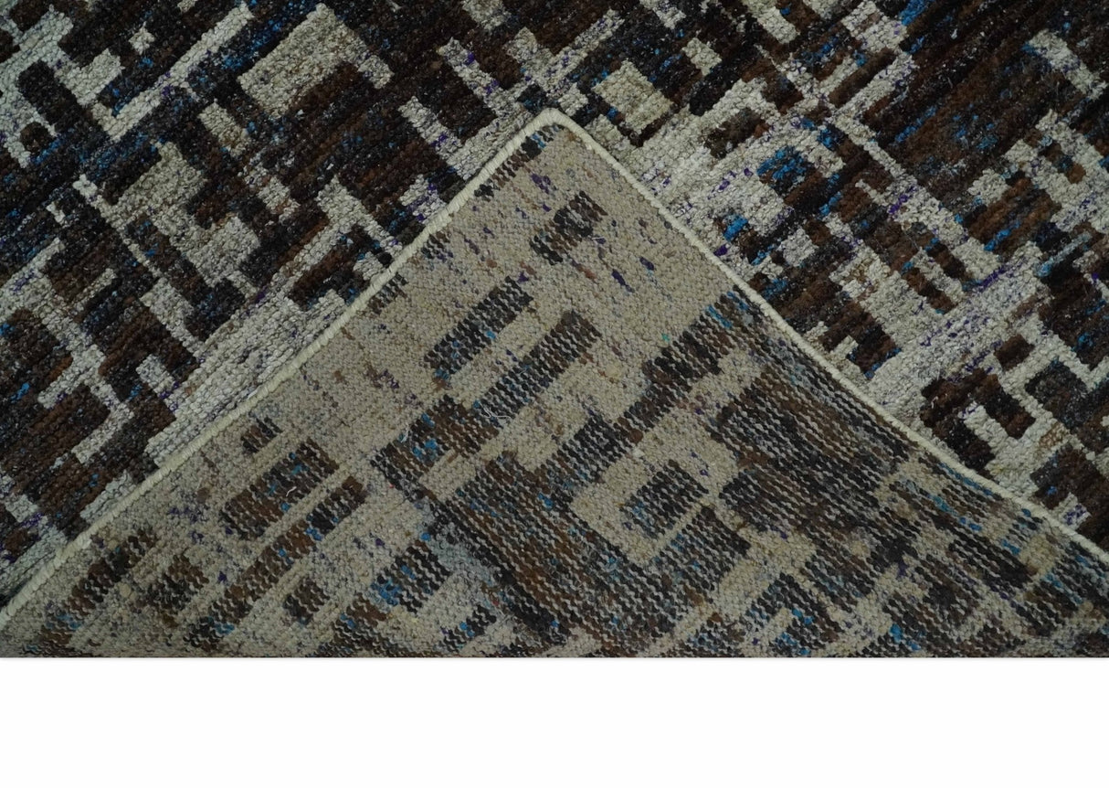 5x8 and 9x12 Hand Knotted Silver, Charcoal and Brown Modern Abstract Recycled Silk Area Rug