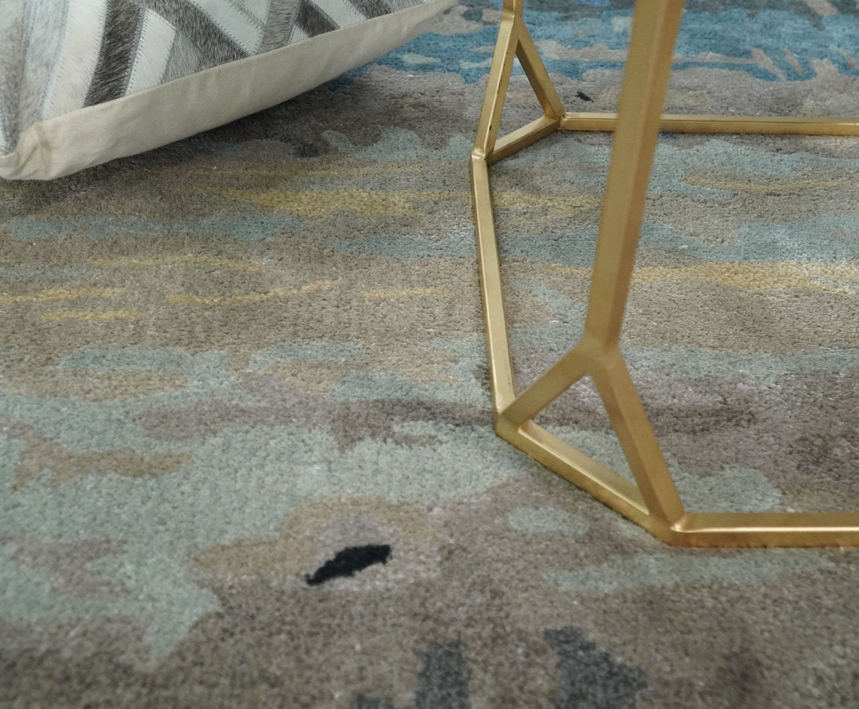 5x8 Blue and Brown Abstract Handmade Wool and Art Silk Area Rug-Area Rug-Parc Decor