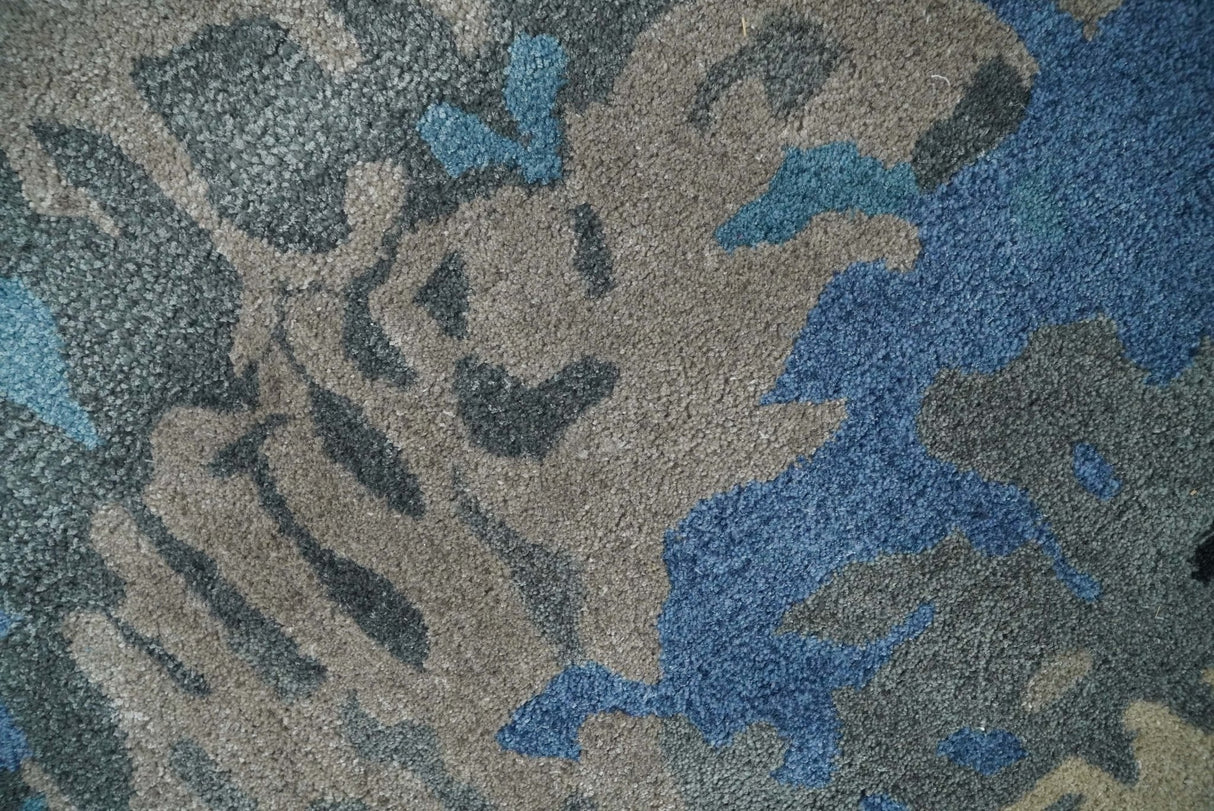 5x8 Blue and Brown Abstract Handmade Wool and Art Silk Area Rug-Area Rug-Parc Decor