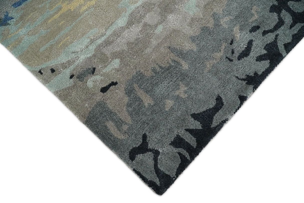 5x8 Blue and Brown Abstract Handmade Wool and Art Silk Area Rug-Area Rug-Parc Decor