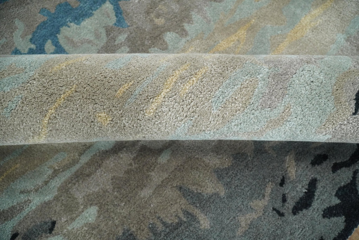 5x8 Blue and Brown Abstract Handmade Wool and Art Silk Area Rug-Area Rug-Parc Decor