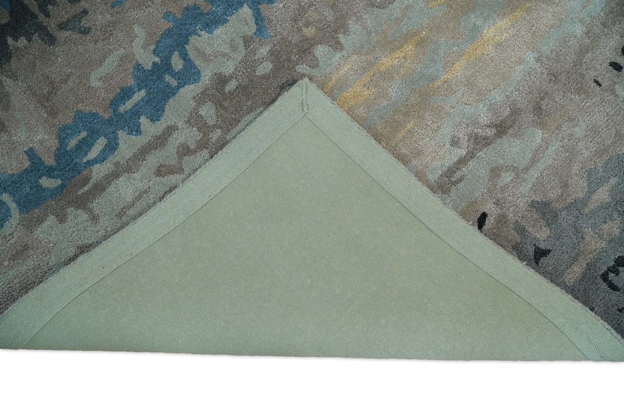 5x8 Blue and Brown Abstract Handmade Wool and Art Silk Area Rug-Area Rug-Parc Decor