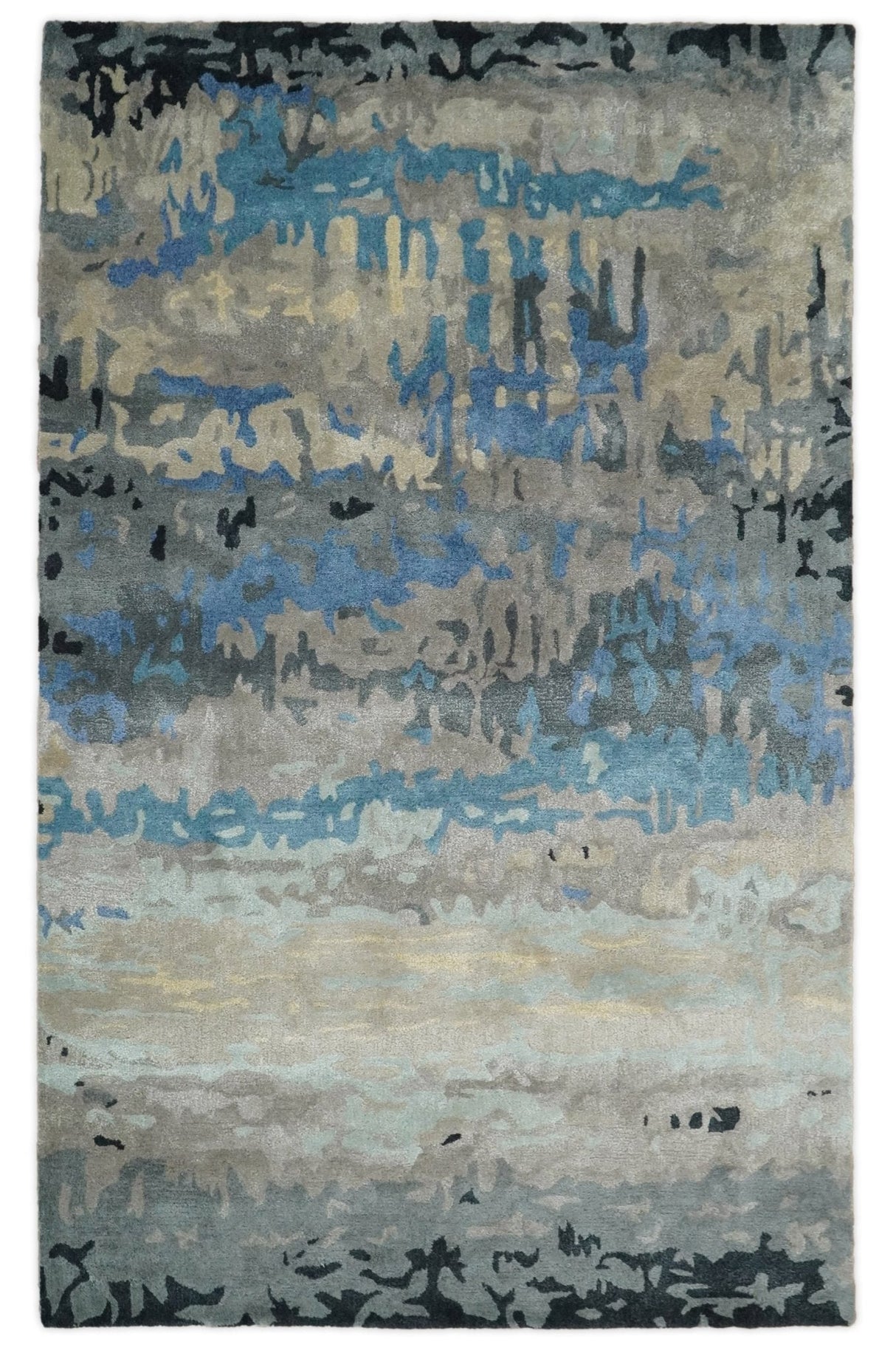 5x8 Blue and Brown Abstract Handmade Wool and Art Silk Area Rug-Area Rug-Parc Decor