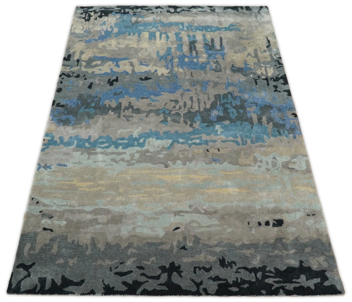 5x8 Blue and Gray Modern Abstract Hand Tufted Wool and Art Silk Area Rug