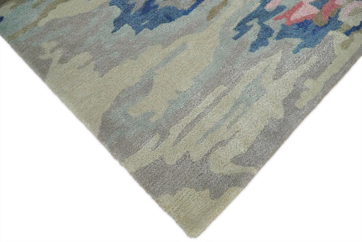 5x8 Blue and Silver Abstract Handmade Wool and Art Silk Area Rug-Area Rug-Parc Decor