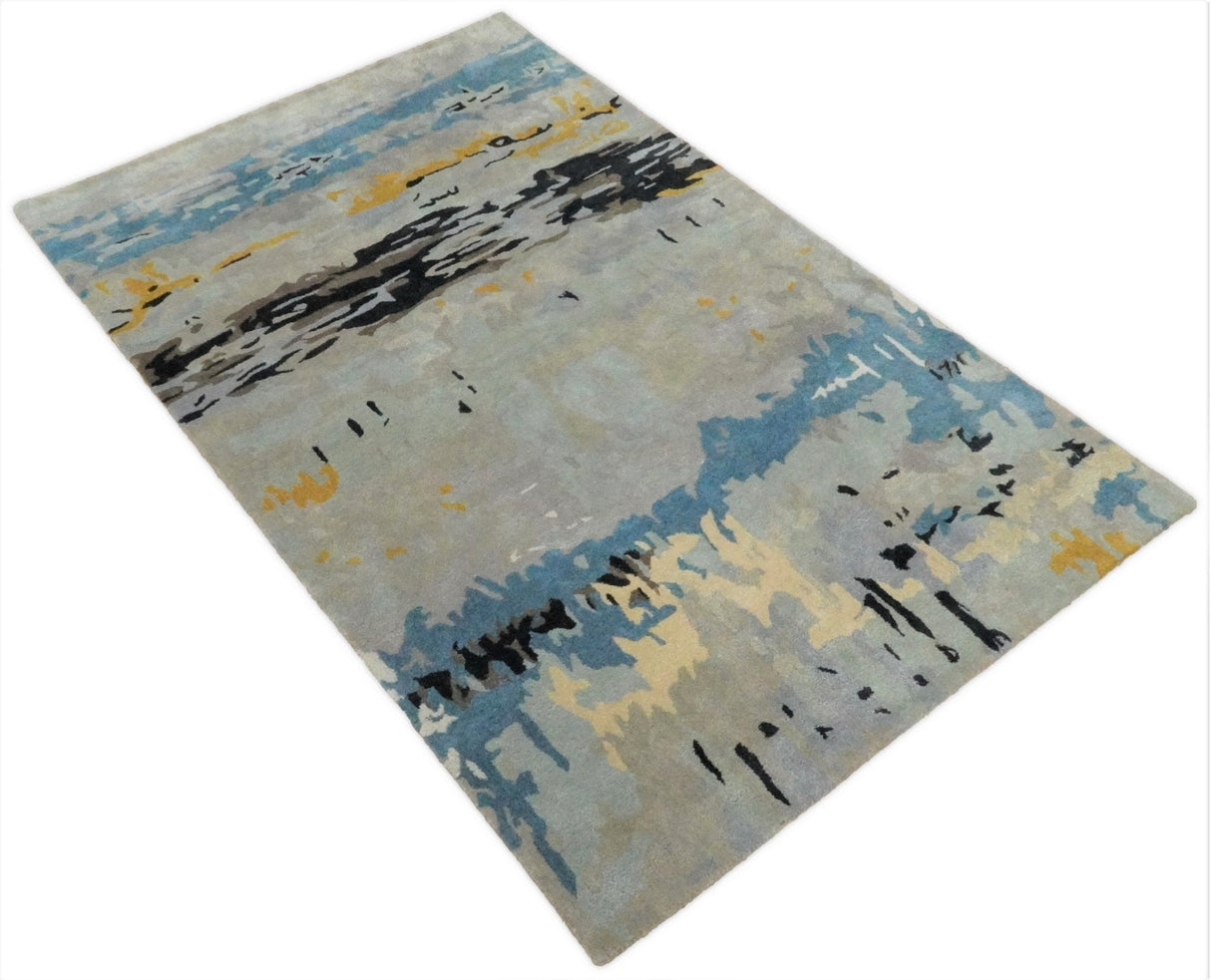 5x8 Blue and Silver Abstract Handmade Wool and Art Silk Area Rug-Area Rug-Parc Decor