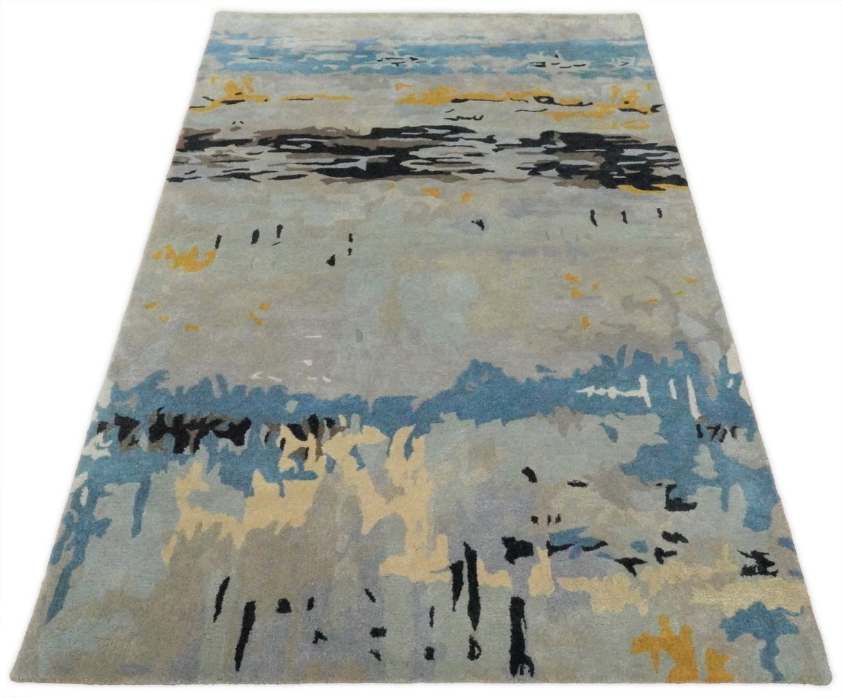 5x8 Blue and Silver Abstract Handmade Wool and Art Silk Area Rug-Area Rug-Parc Decor