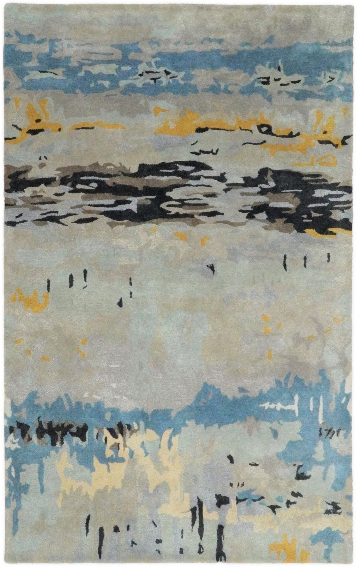 5x8 Blue and Silver Abstract Handmade Wool and Art Silk Area Rug-Area Rug-Parc Decor