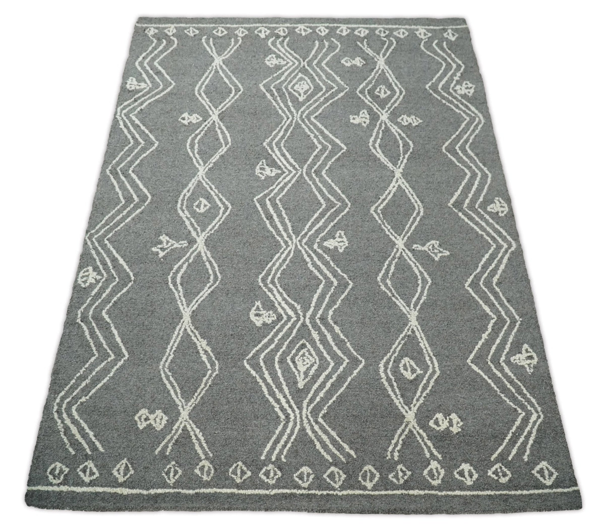 5x8 Gray and White Tribal Hand Hooked Textured Loop Area Rug | TRIB1-Area Rug-Parc Decor