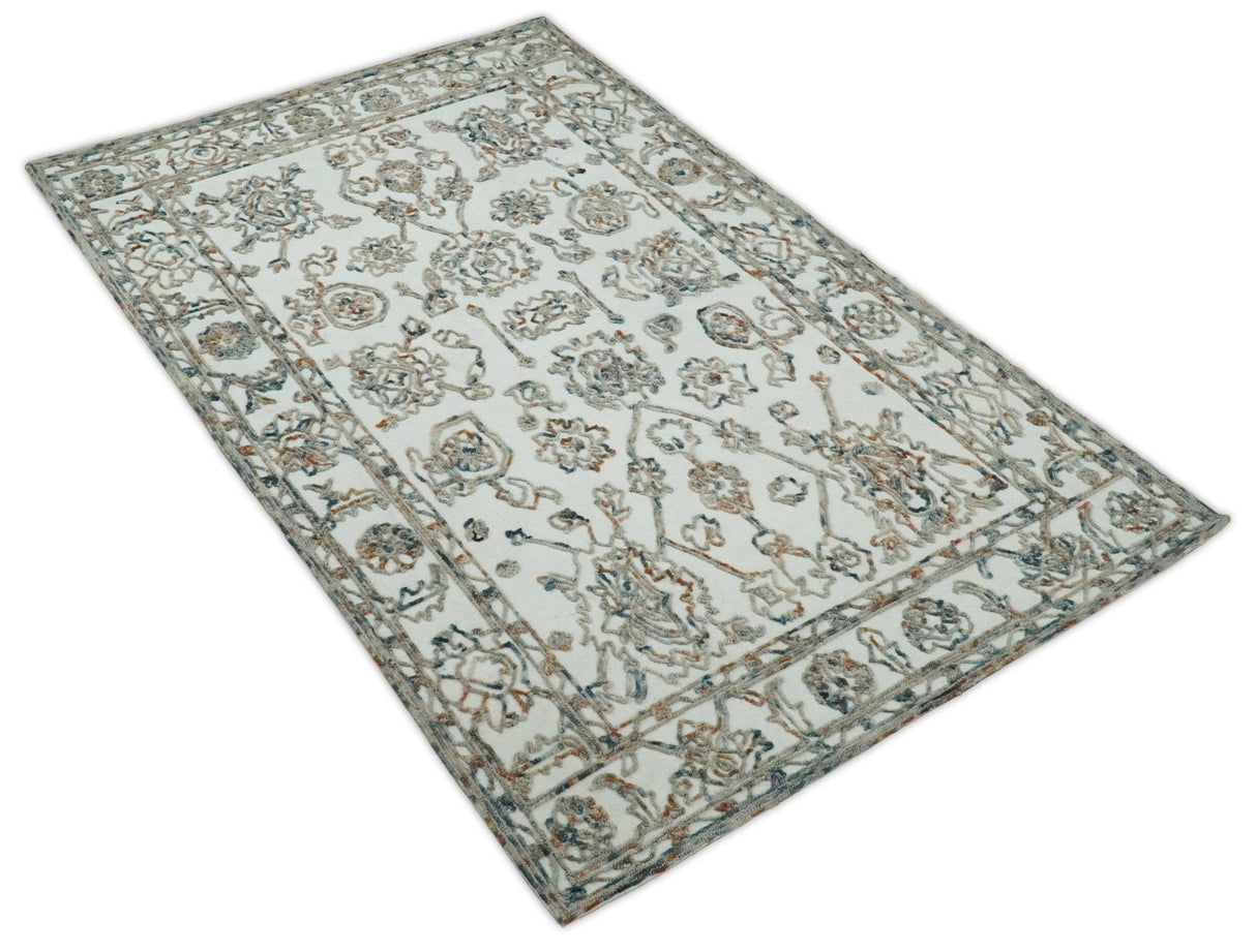 5x8 Hand Hooked Blue and Beige Wool Textured Loop Area Rug | GAR11-Area Rug-Parc Decor