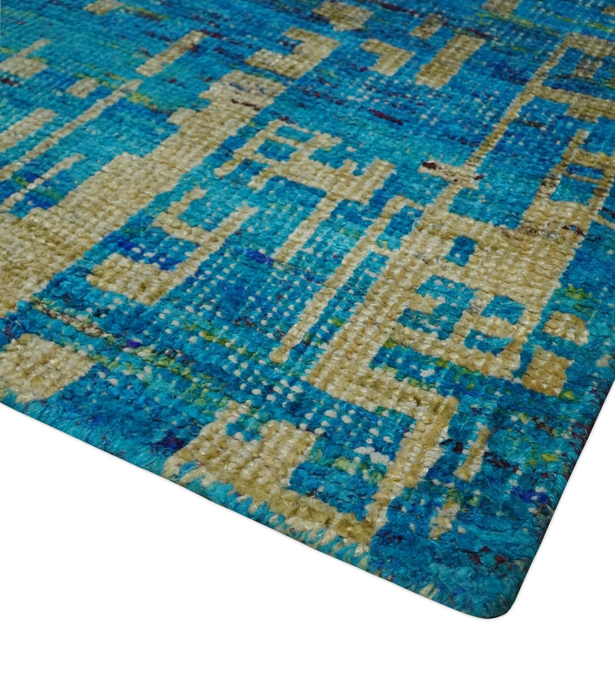 5x8 Hand Knotted Beige and Blue Modern Abstract Recycled Silk Area Rug