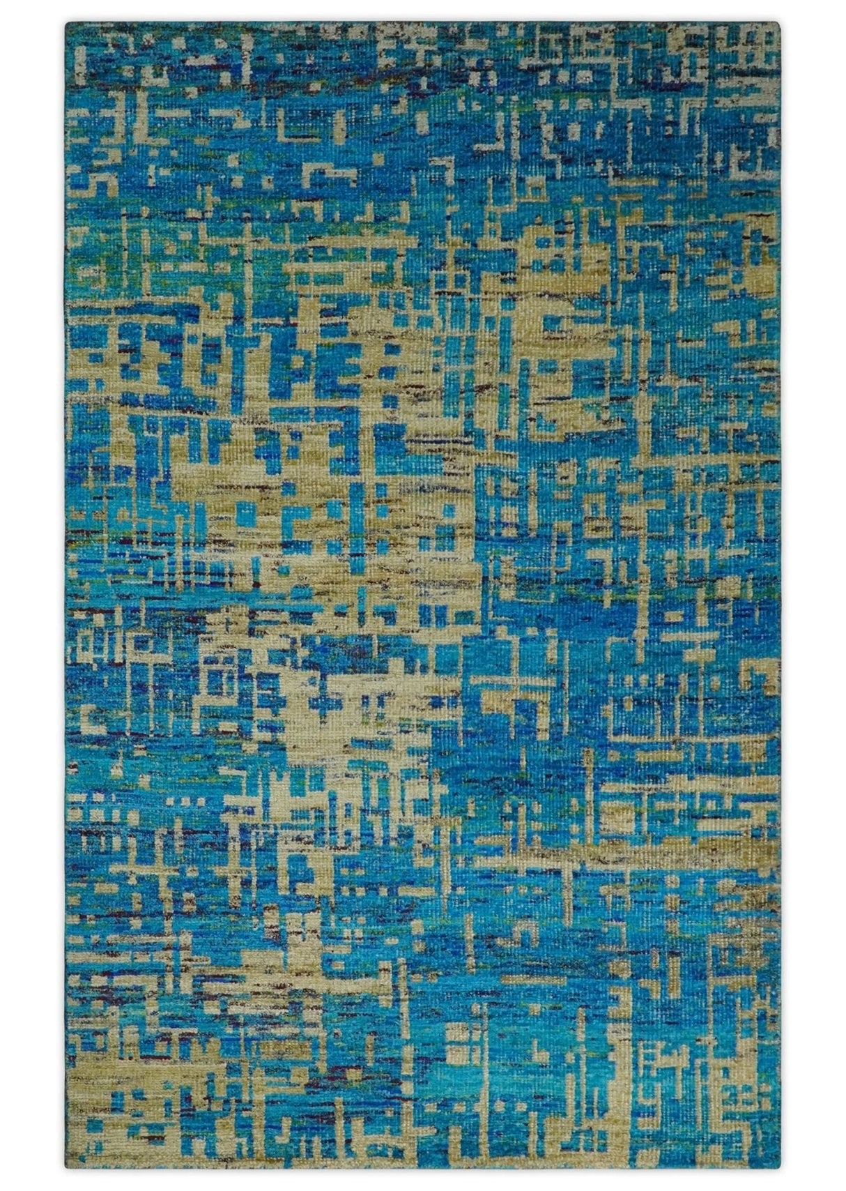 5x8 Hand Knotted Beige and Blue Modern Abstract Recycled Silk Area Rug