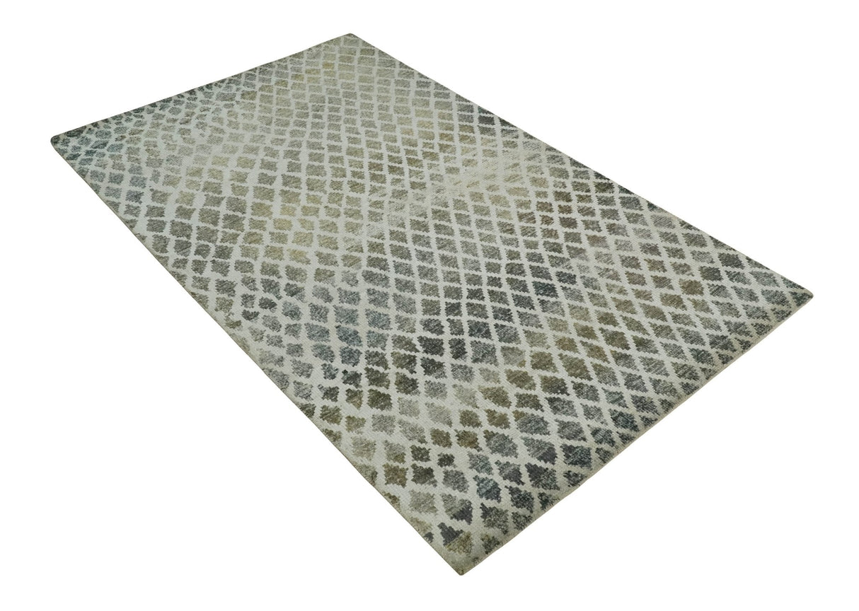 5x8 Hand Knotted Beige, Charcoal and Olive Modern Geometric Recycled Silk Area Rug
