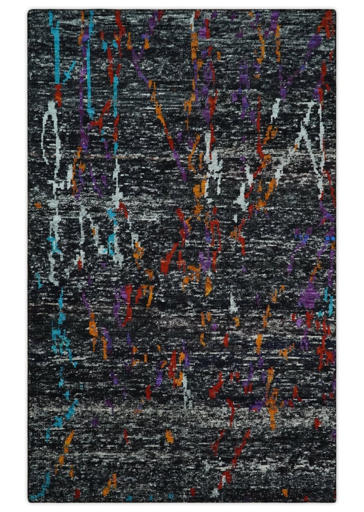 5x8 Hand Knotted Black and Rust Modern Abstract Recycled Silk Area Rug