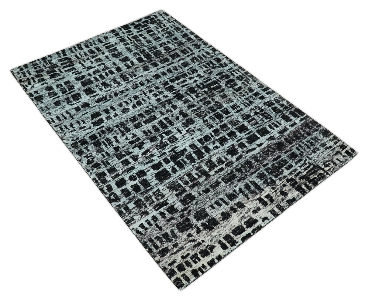 5x8 Hand Knotted Black and Silver Modern Abstract Recycled Silk Area Rug