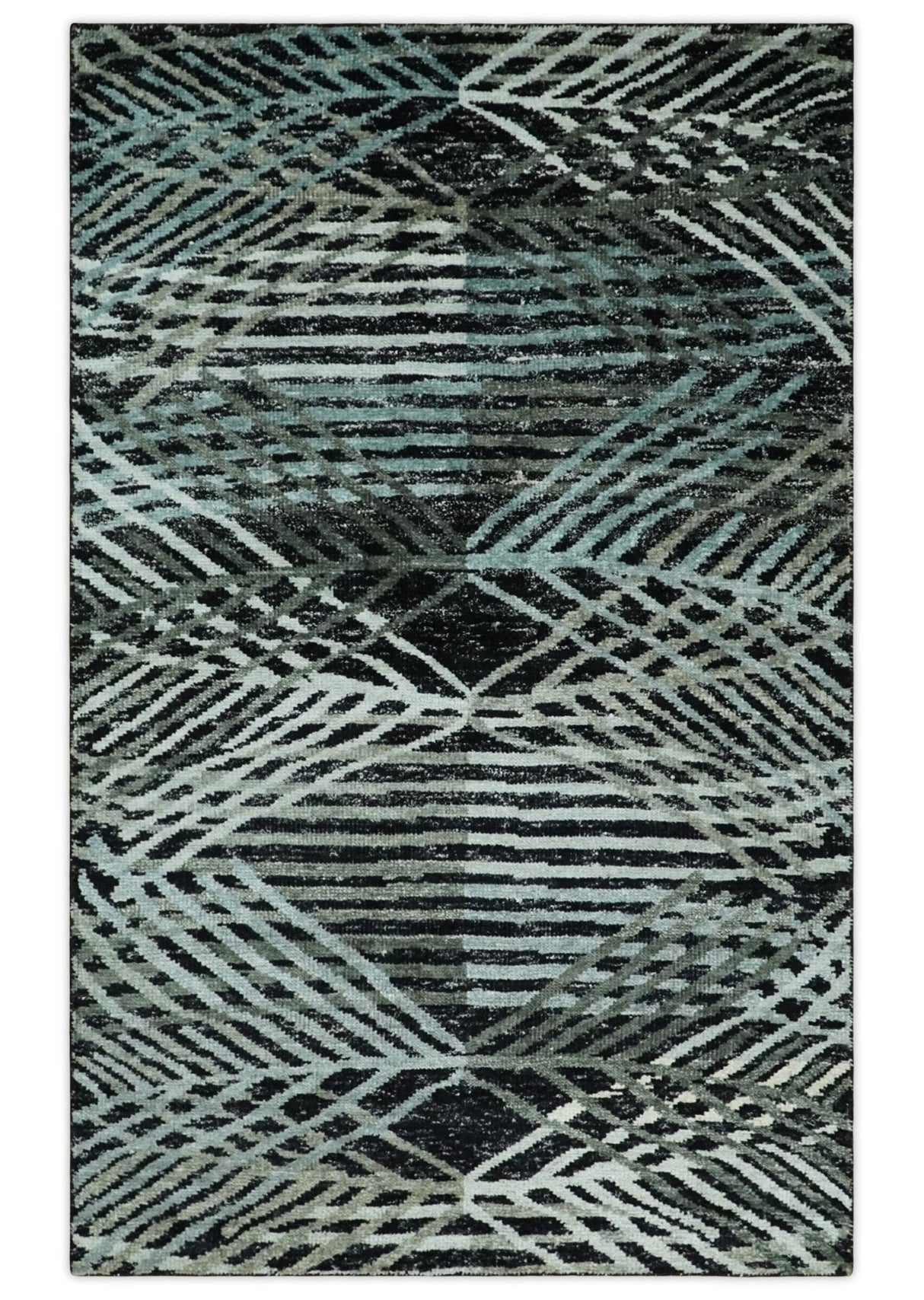 5x8 Hand Knotted Black, Ivory and Teal Modern Contemporary Recycled Silk Area Rug