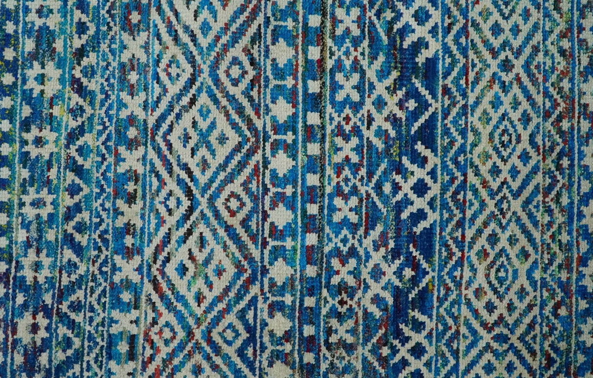 5x8 Hand Knotted Blue and Ivory Modern Contemporary Southwestern Tribal Trellis Recycled Silk Area Rug