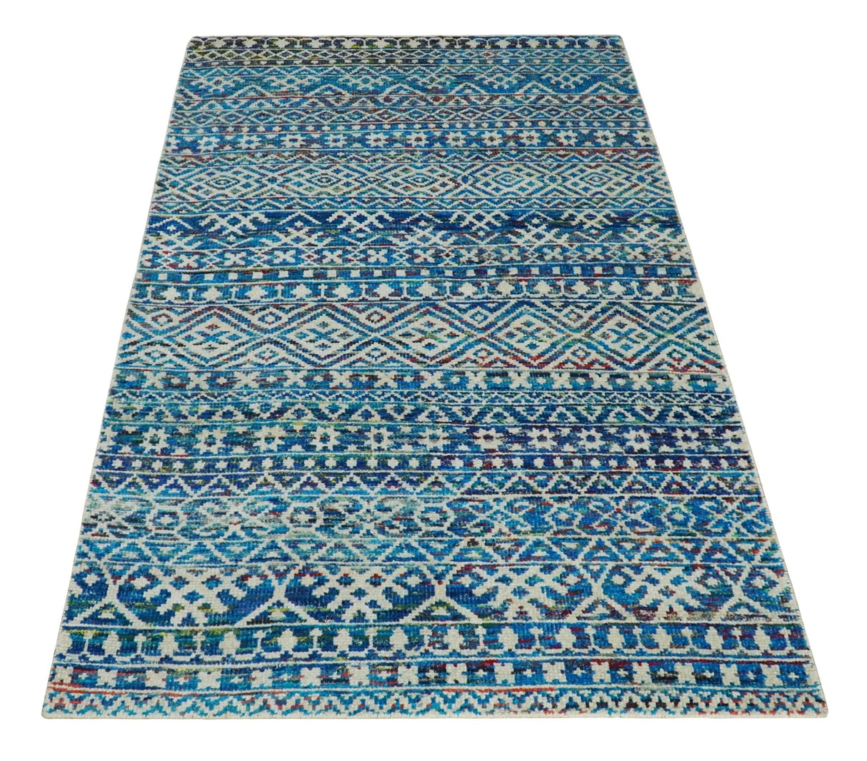 5x8 Hand Knotted Blue and Ivory Modern Contemporary Southwestern Tribal Trellis Recycled Silk Area Rug