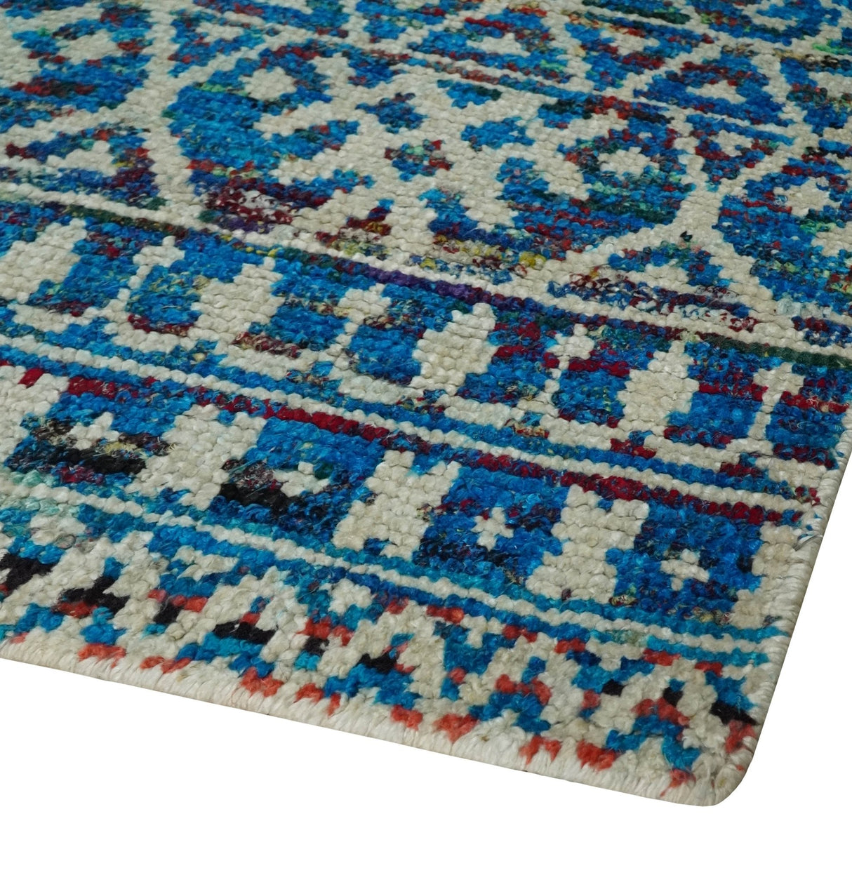5x8 Hand Knotted Blue and Ivory Modern Contemporary Southwestern Tribal Trellis Recycled Silk Area Rug