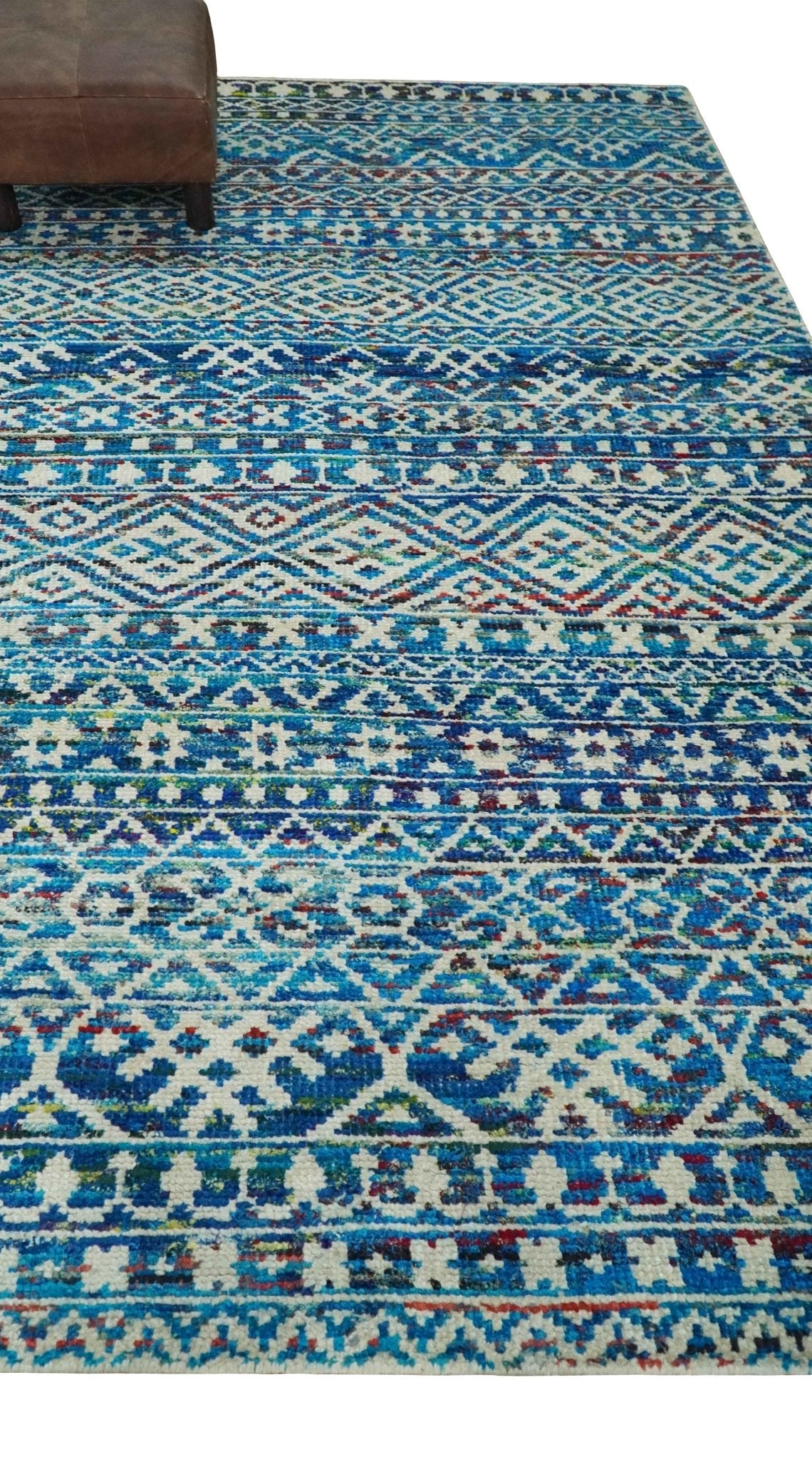 5x8 Hand Knotted Blue and Ivory Modern Contemporary Southwestern Tribal Trellis Recycled Silk Area Rug