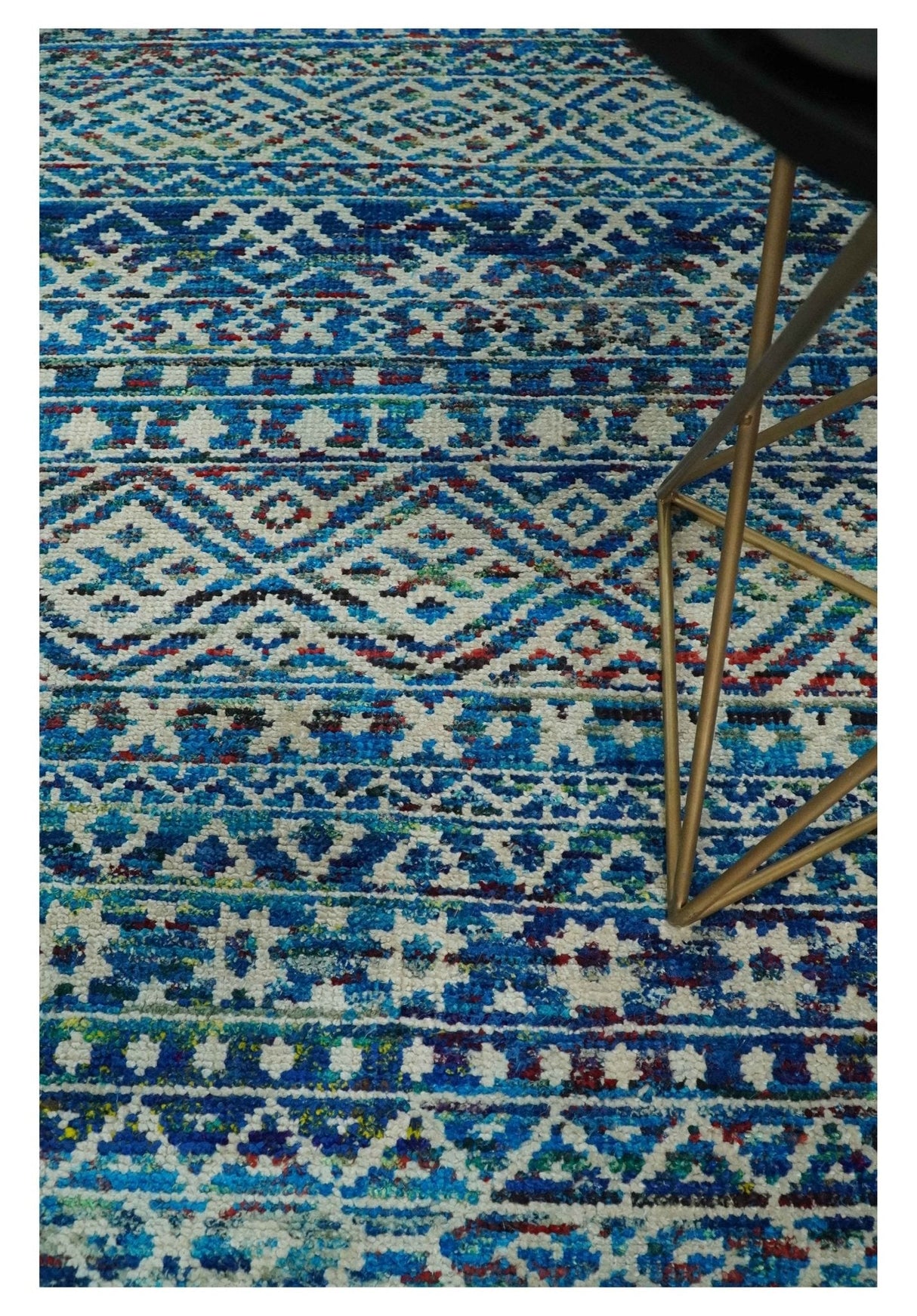 5x8 Hand Knotted Blue and Ivory Modern Contemporary Southwestern Tribal Trellis Recycled Silk Area Rug