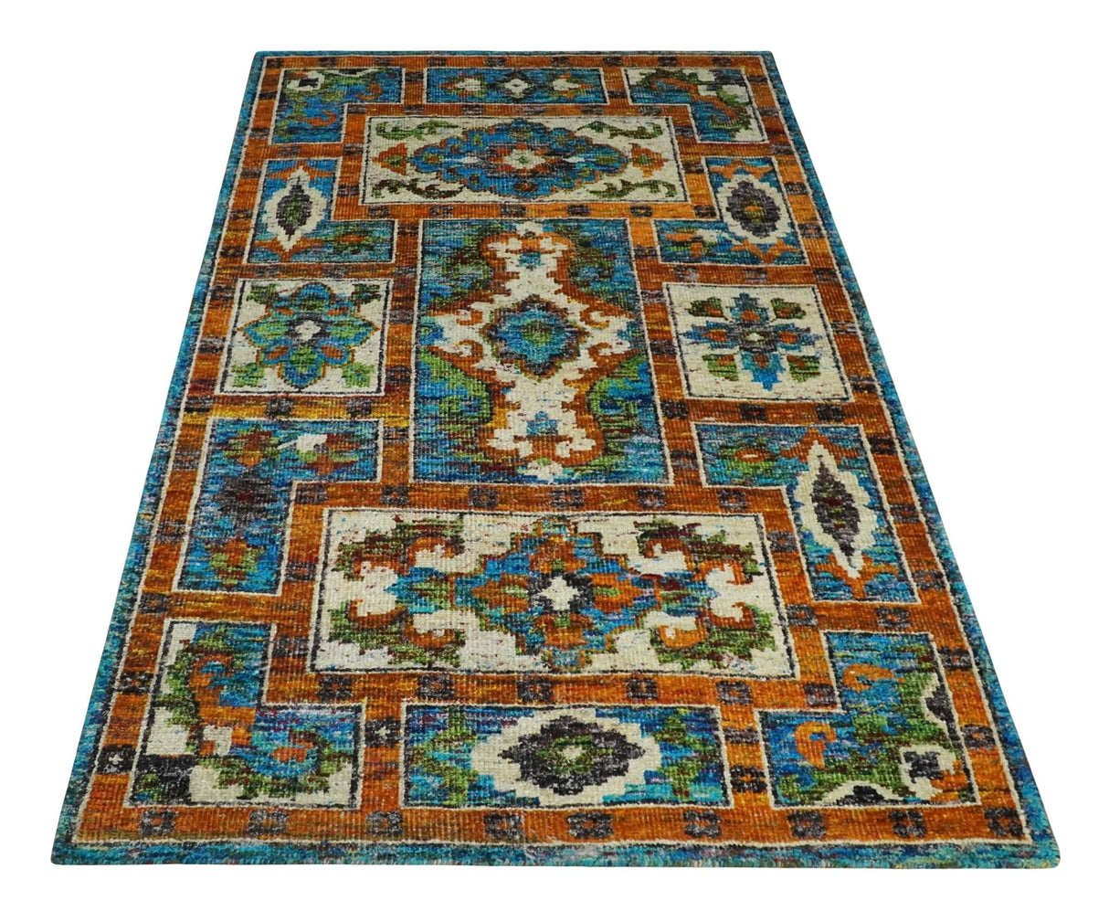 5x8 Hand Knotted Blue, Ivory and Rust Modern Recycled Silk Area Rug