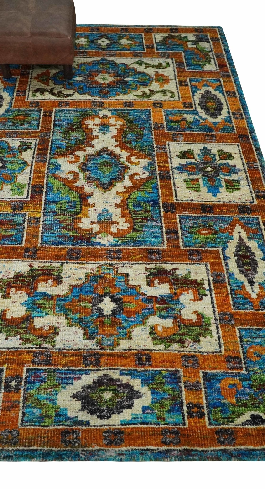 5x8 Hand Knotted Blue, Ivory and Rust Modern Recycled Silk Area Rug