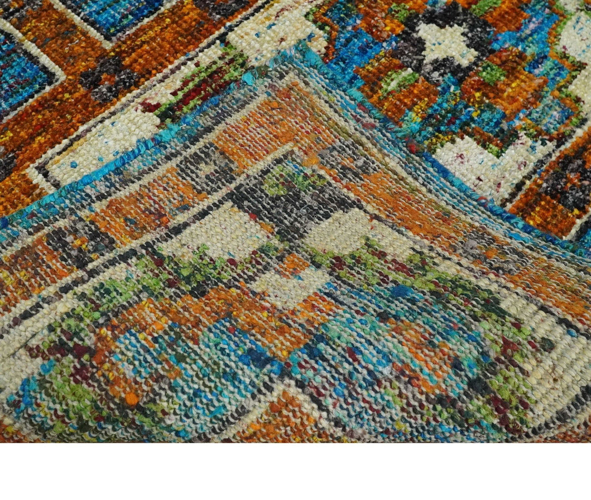5x8 Hand Knotted Blue, Ivory and Rust Modern Recycled Silk Area Rug