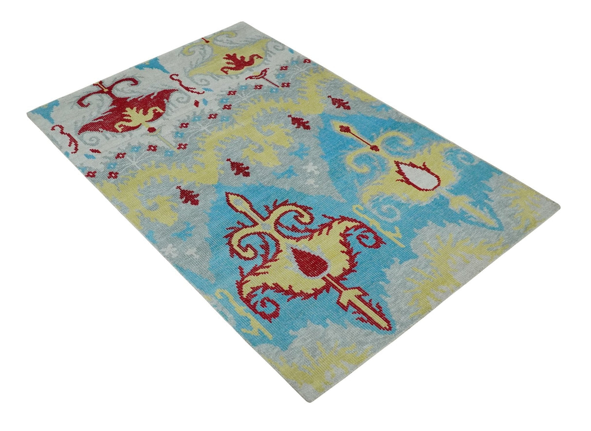 5x8 Hand Knotted Blue, Silver and Red Contemporary Recycled Silk Area Rug