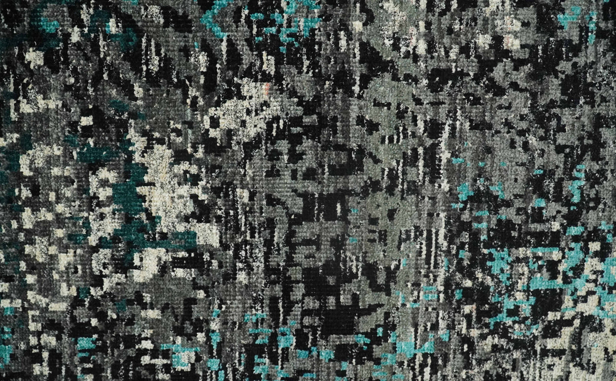5x8 Hand Knotted Charcoal, Ivory and Blue Modern Abstract Recycled Silk Area Rug