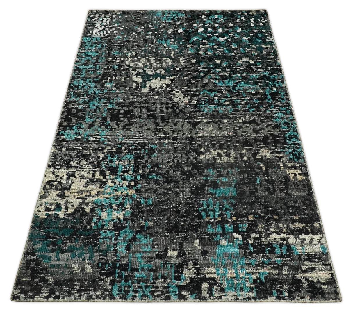 5x8 Hand Knotted Charcoal, Ivory and Blue Modern Abstract Recycled Silk Area Rug