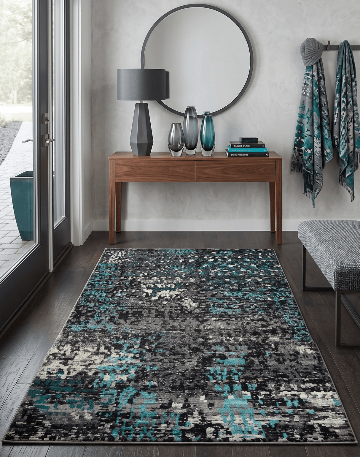5x8 Hand Knotted Charcoal, Ivory and Blue Modern Abstract Recycled Silk Area Rug