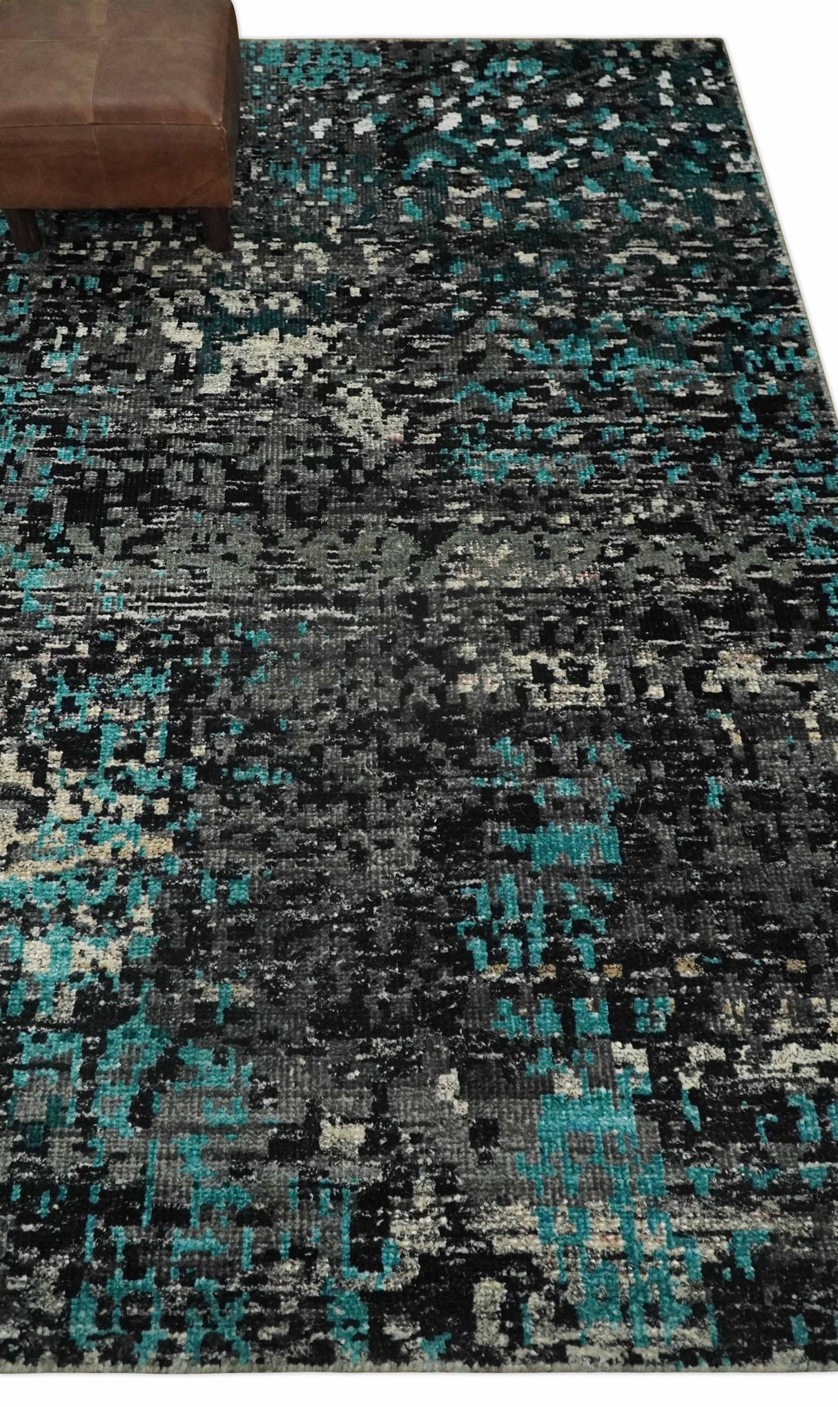 5x8 Hand Knotted Charcoal, Ivory and Blue Modern Abstract Recycled Silk Area Rug