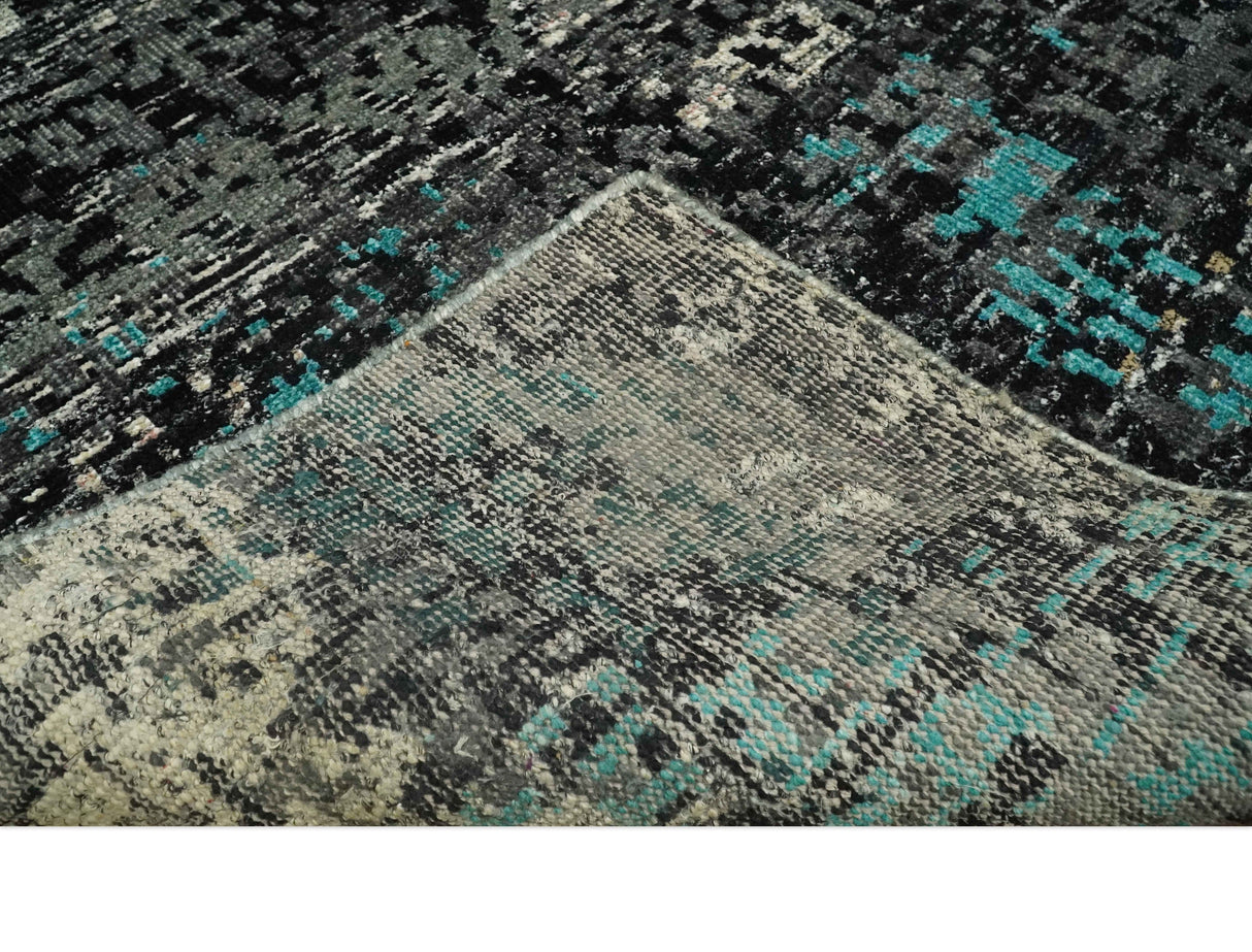 5x8 Hand Knotted Charcoal, Ivory and Blue Modern Abstract Recycled Silk Area Rug