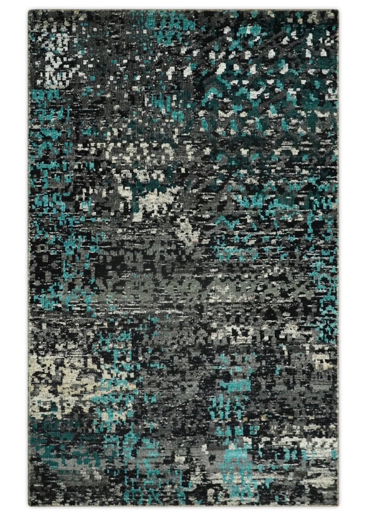 5x8 Hand Knotted Charcoal, Ivory and Blue Modern Abstract Recycled Silk Area Rug