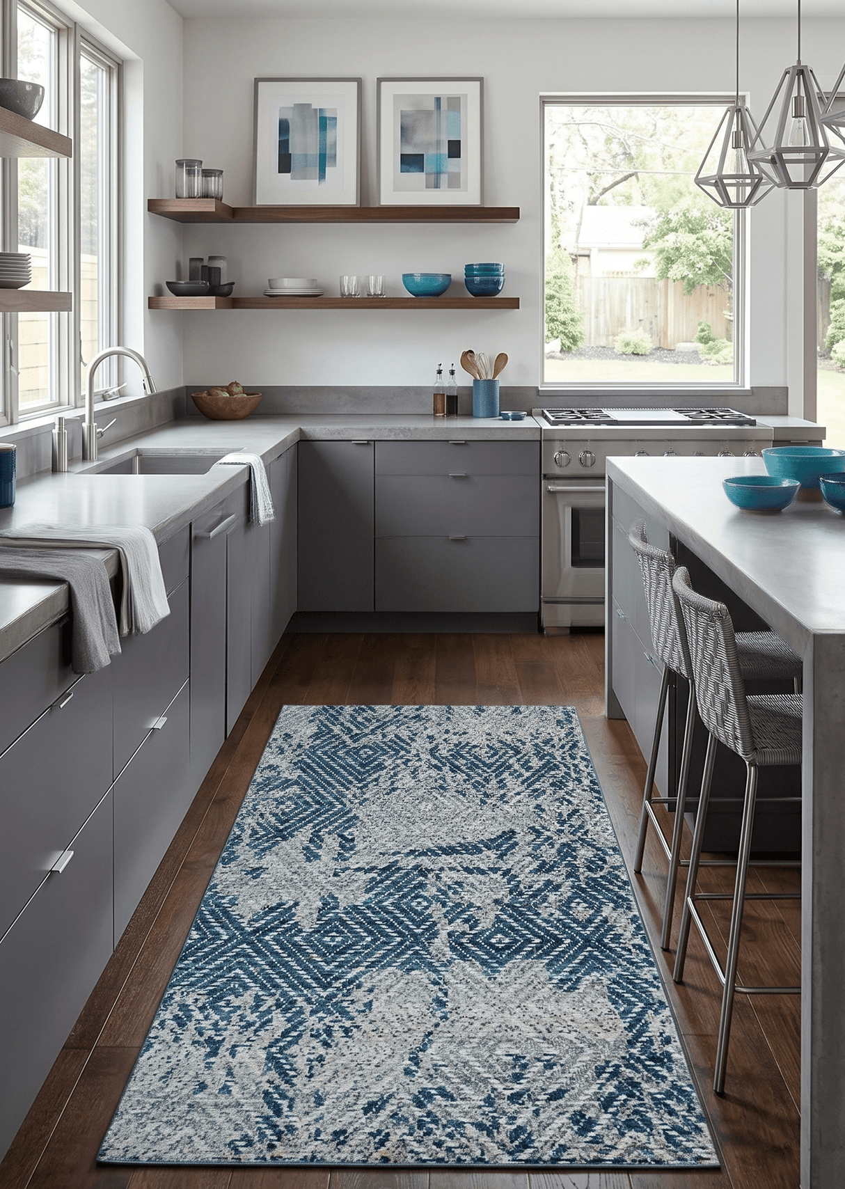 5x8 Hand Knotted Ivory And Blue and Modern Contemporary Recycled Silk Area Rug