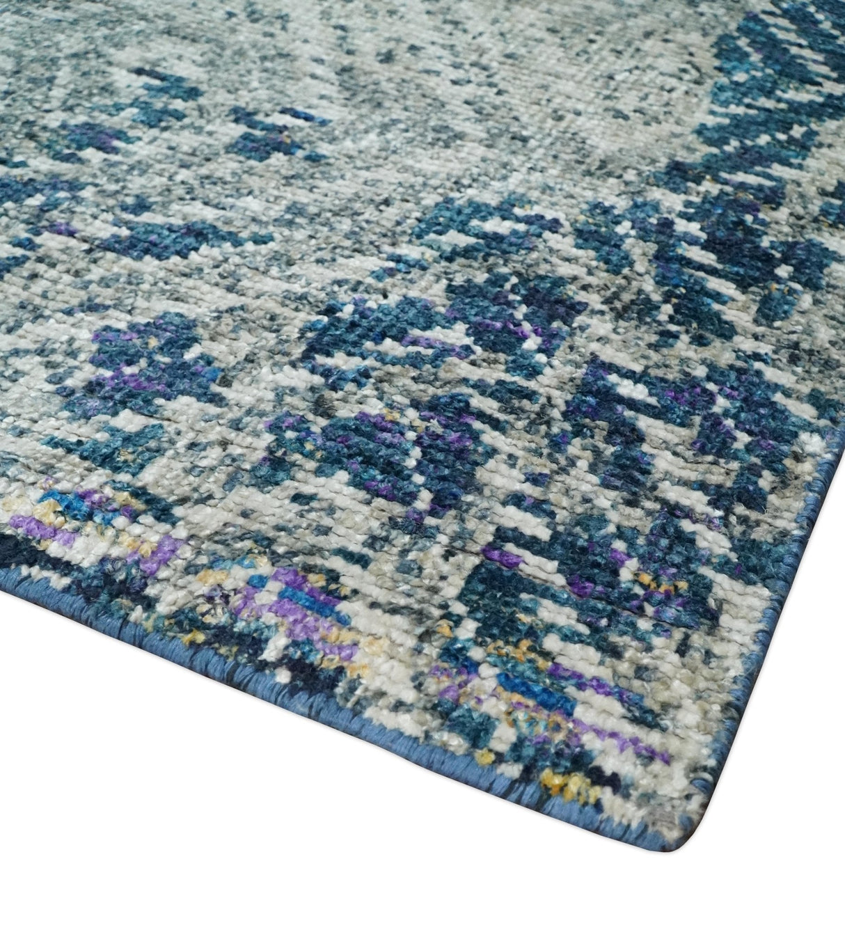 5x8 Hand Knotted Ivory And Blue and Modern Contemporary Recycled Silk Area Rug