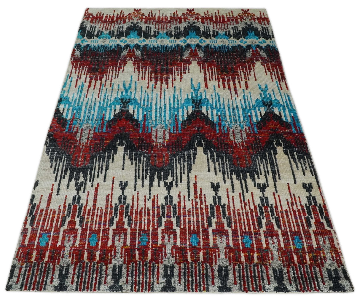 5x8 Hand Knotted Ivory, Blue and Maroon Modern Abstract Recycled Silk Area Rug