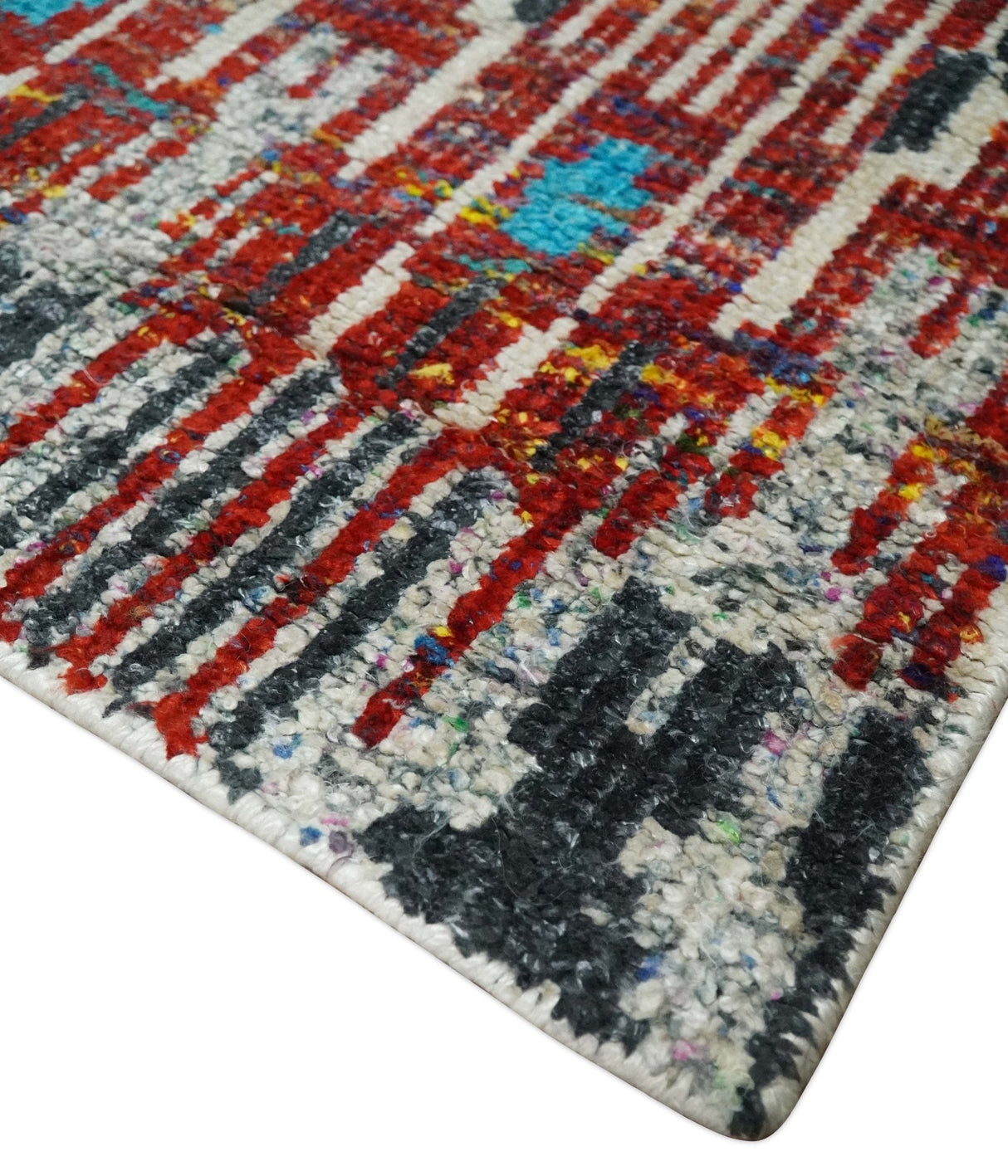 5x8 Hand Knotted Ivory, Blue and Maroon Modern Abstract Recycled Silk Area Rug