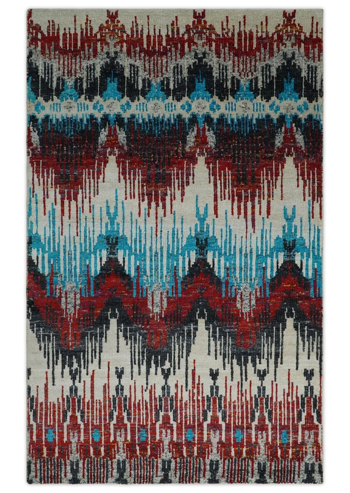 5x8 Hand Knotted Ivory, Blue and Maroon Modern Abstract Recycled Silk Area Rug