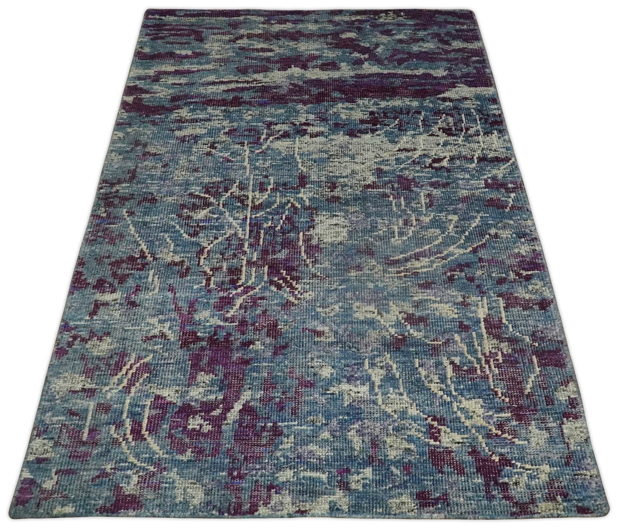 5x8 Hand Knotted Ivory, Blue and Purple Modern Abstract Recycled Silk Area Rug