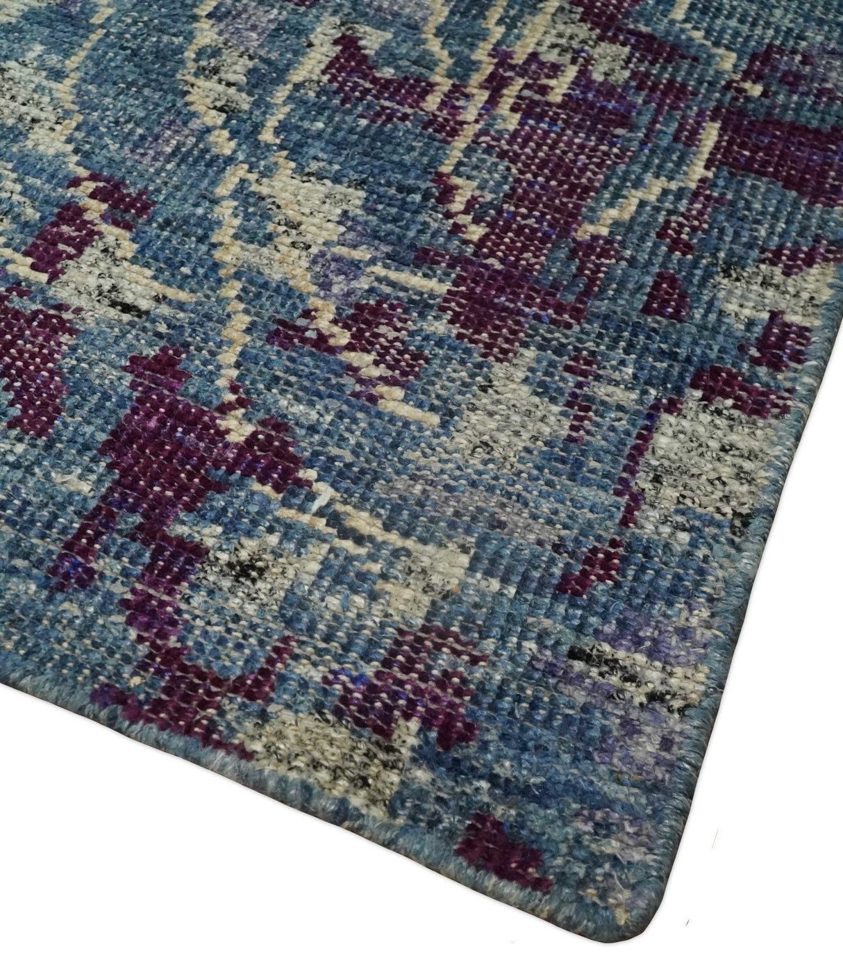 5x8 Hand Knotted Ivory, Blue and Purple Modern Abstract Recycled Silk Area Rug