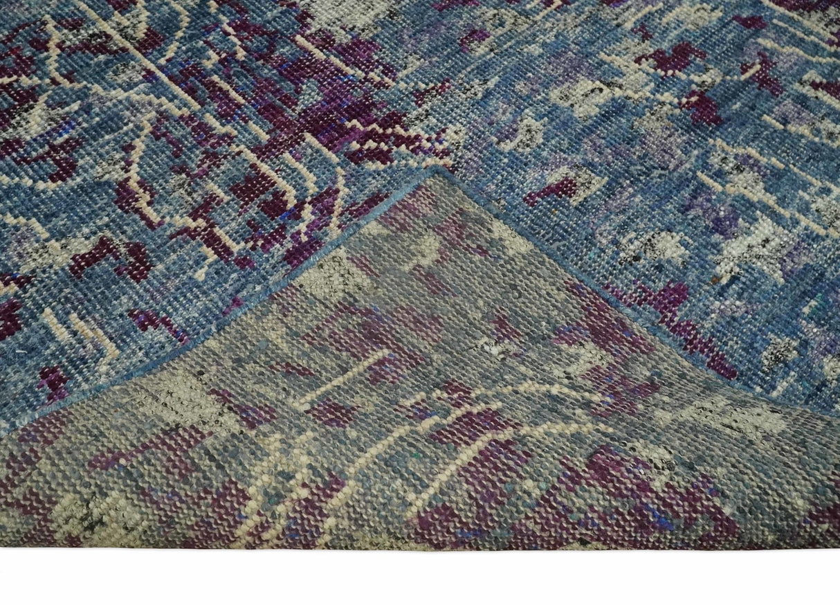 5x8 Hand Knotted Ivory, Blue and Purple Modern Abstract Recycled Silk Area Rug