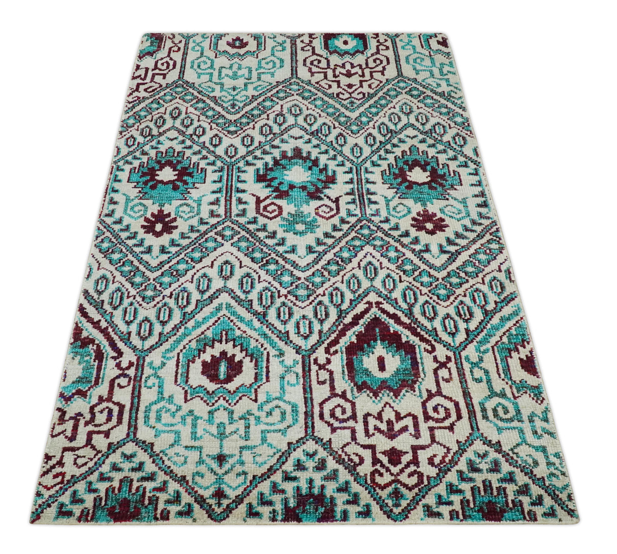 5x8 Hand Knotted Ivory, Blue and Red Antique Contemporary Bamboo Silk Area Rug