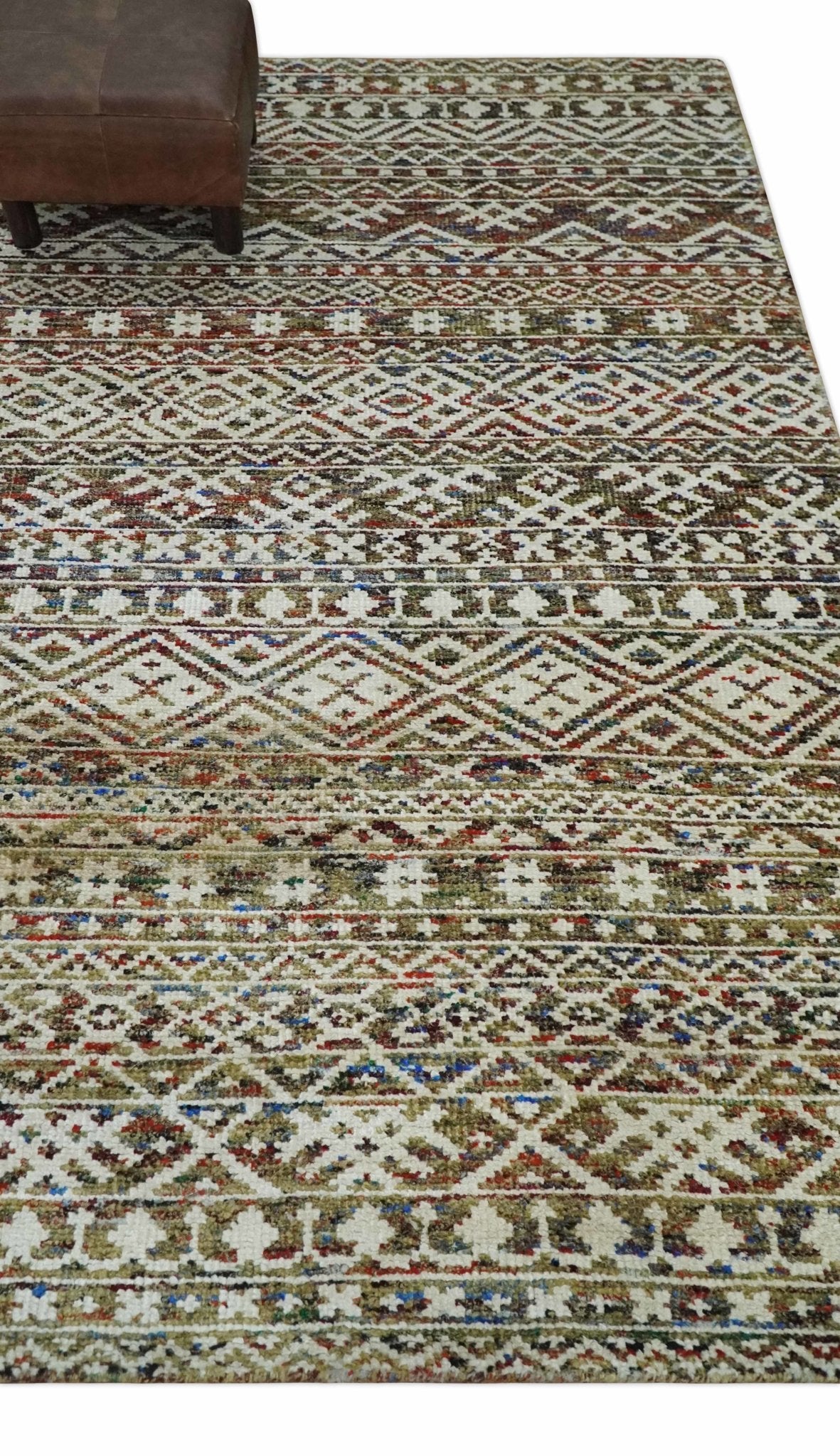 5x8 Hand Knotted Ivory, Olive and Rust Modern Contemporary Recycled Silk Area Rug