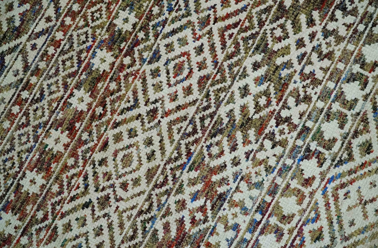 5x8 Hand Knotted Ivory, Olive and Rust Modern Contemporary Recycled Silk Area Rug