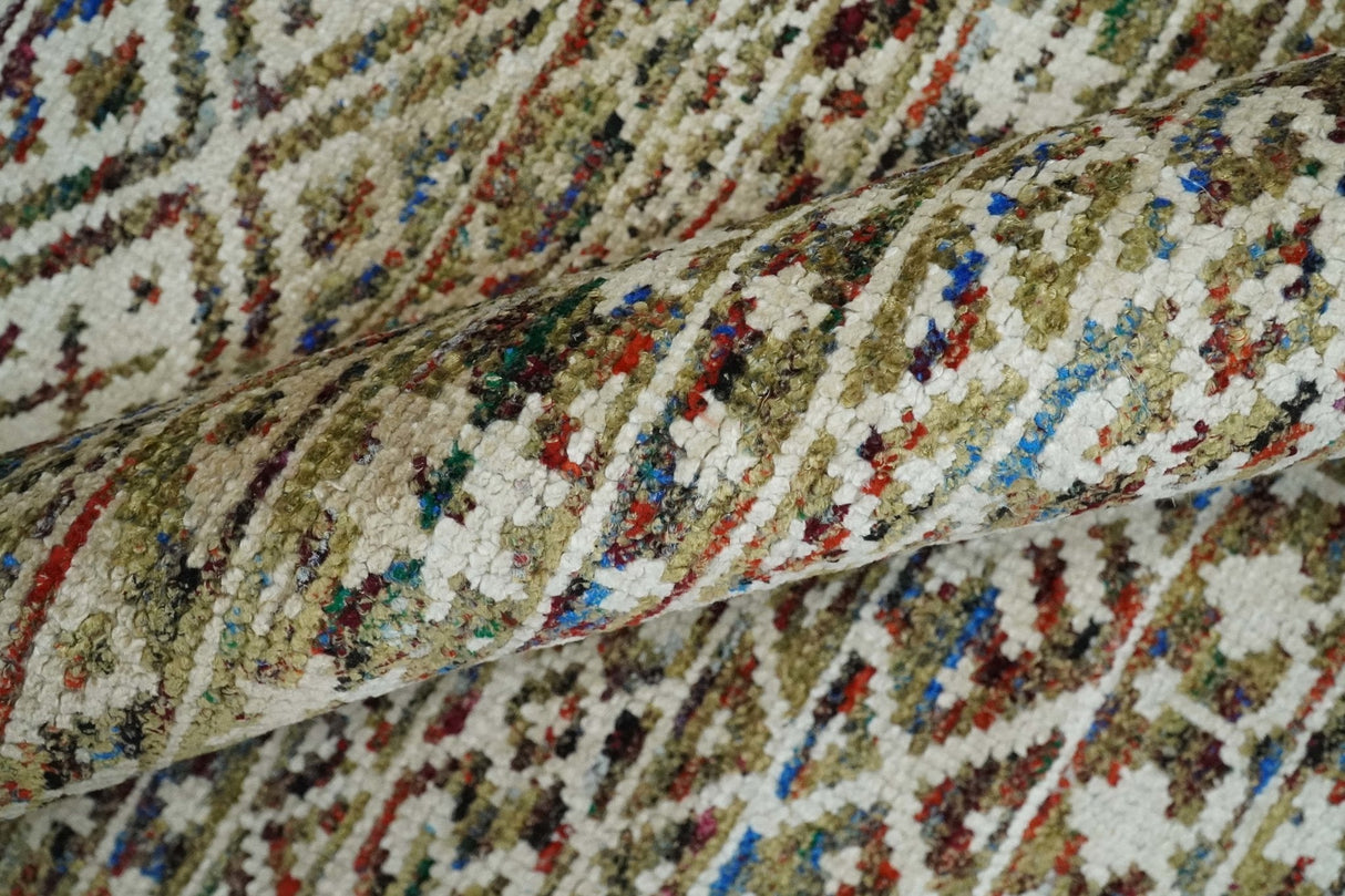 5x8 Hand Knotted Ivory, Olive and Rust Modern Contemporary Recycled Silk Area Rug
